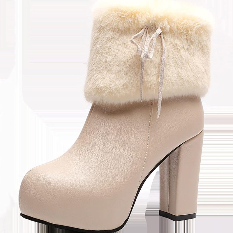 woobles Winter Boot for Women,Women Round Toe Platform Booties Ladies Cute Chunky High Heel Snow Ankle Boot Wedge Zipper Slip On Boot Causal Walking Dress Shoe, Beige, 7 - Image 5